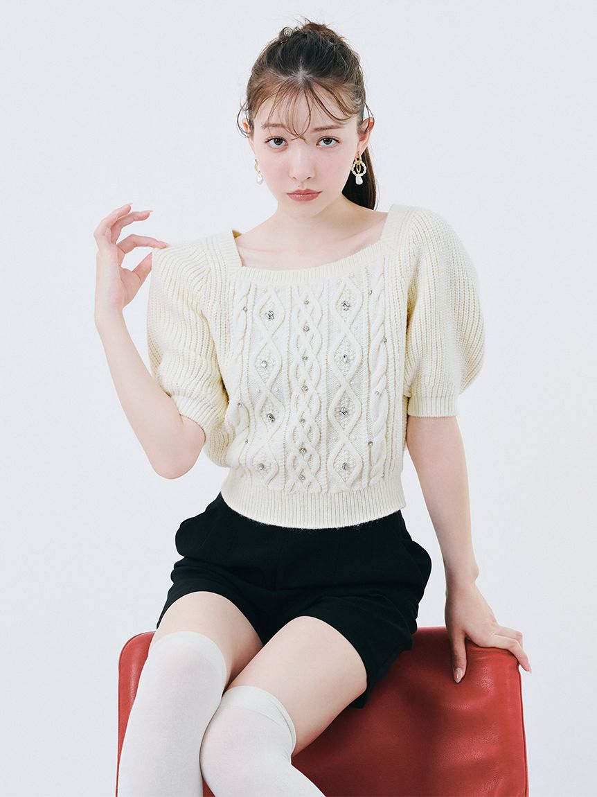 新作10%OFF リリー ブラウン LILY BROWN トップス 25秋冬 [L.B CANDY STOCK]シフォンリボンビジューニットトップス 8月下旬〜9月中旬予約 半袖 WEB限定カラー】[L.B CANDY STOCK]シフォンリボンビジューニット