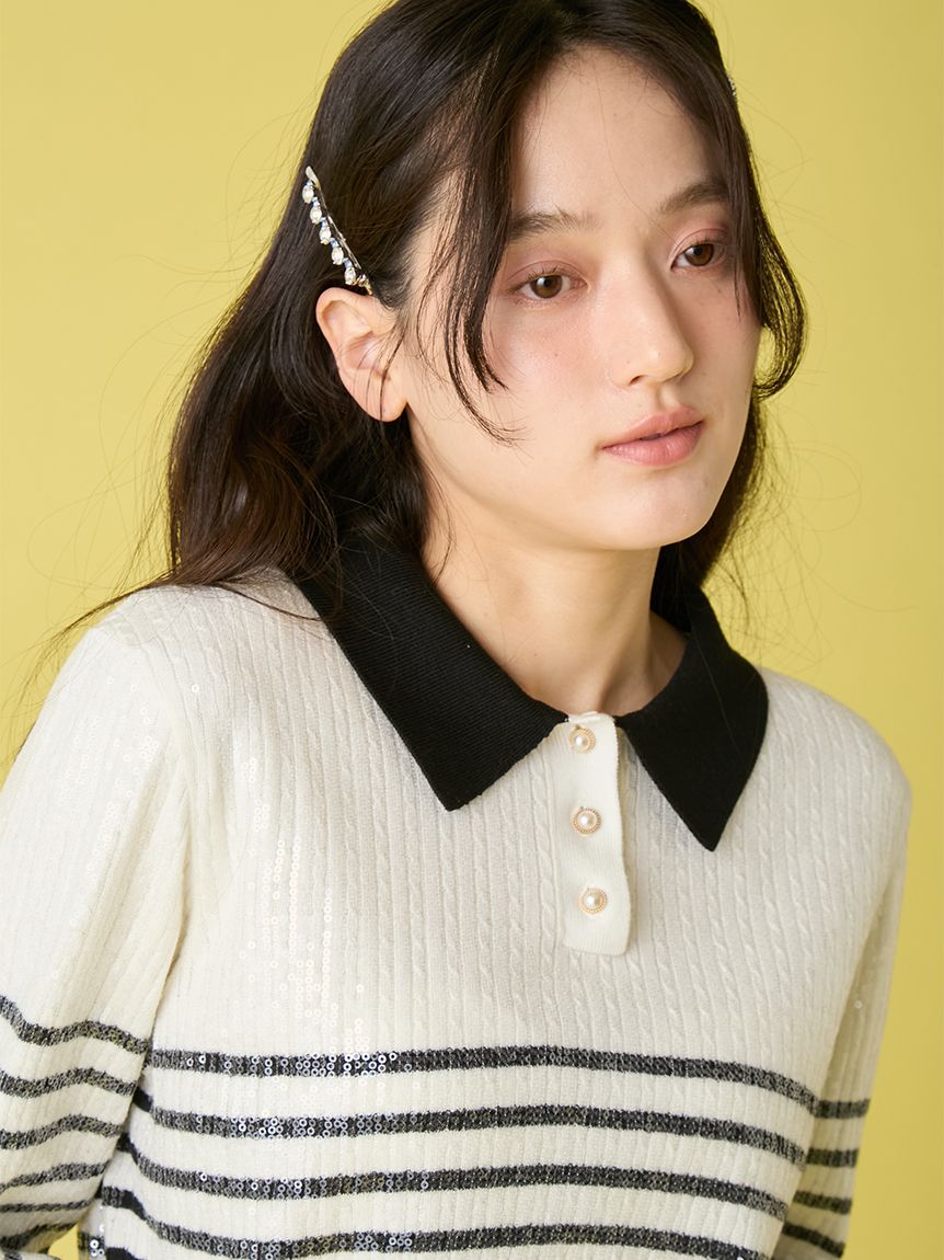 L.B CANDY STOCK]襟付きスパンコールニットトップス(ニット)｜トップス