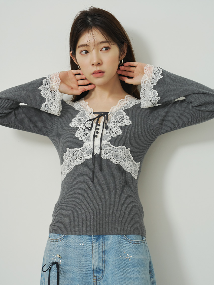 オフィシャル・ MASHSTORE 限定】ストレッチレースニットトップス