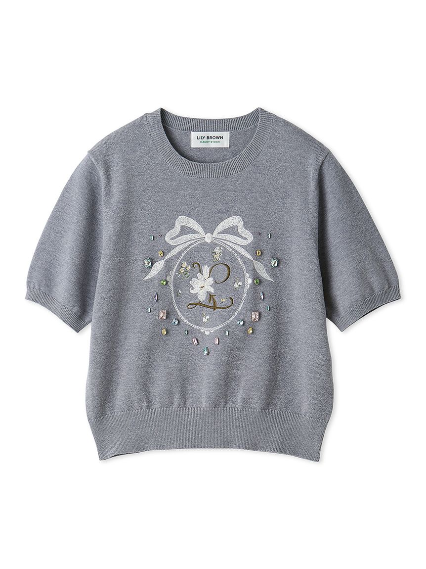 L.B CANDY STOCK] ビジューエンブロイダリーニットトップ(ニット