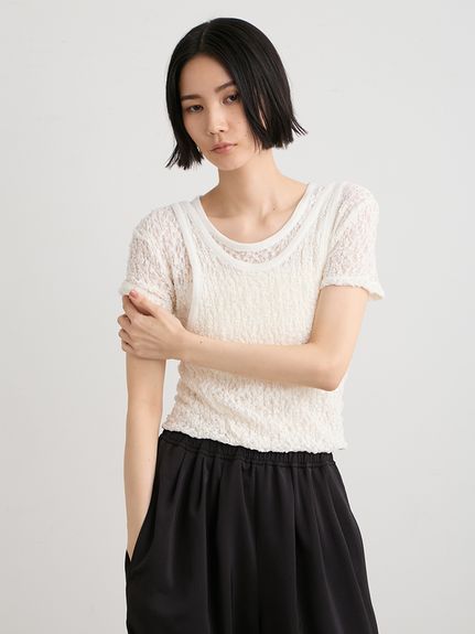新品　ミースロエ　★ボーダー★　ツイストレイヤードT 洗える】レースツイストレイヤードTシャツ(Tシャツ)｜トップス