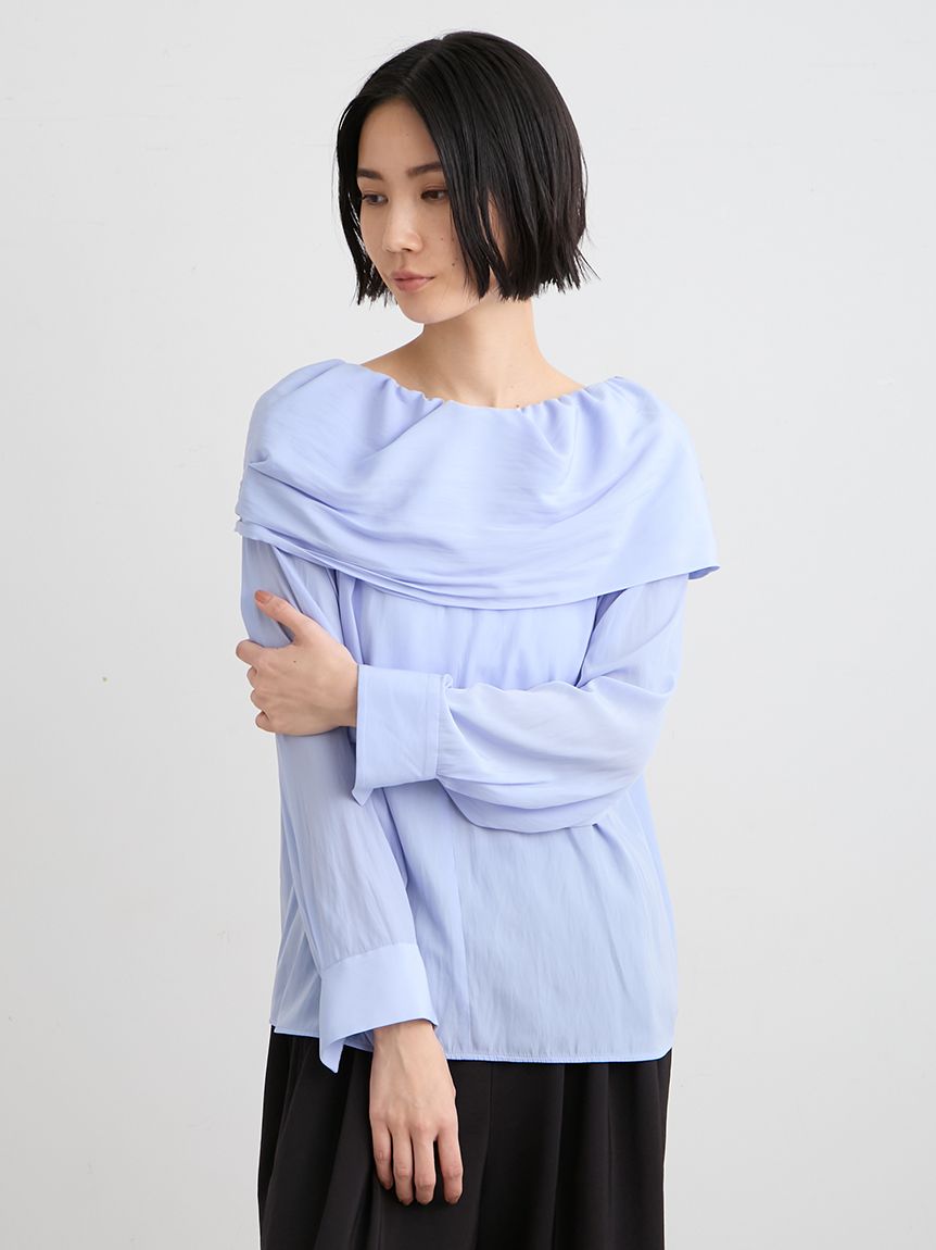 ミースロエ　サテンシャツ 洗える】オフショルダーサテンドレスシャツ(シャツ)｜トップス