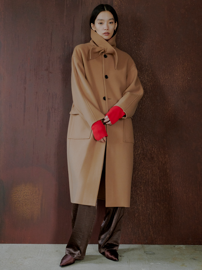 サステナスカーフデザイン接結ロングコート(ウールコート)｜アウター