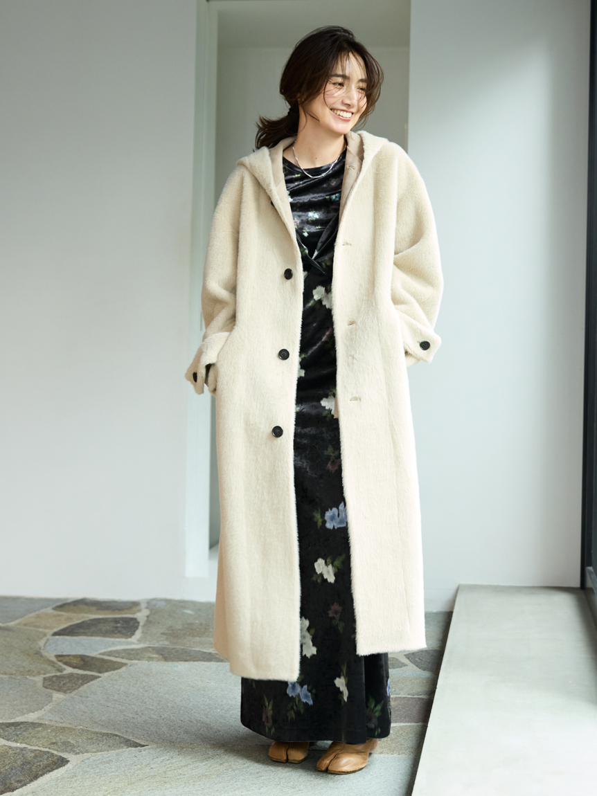 フェイクファーロングフードコート(ファーアウター)｜アウター