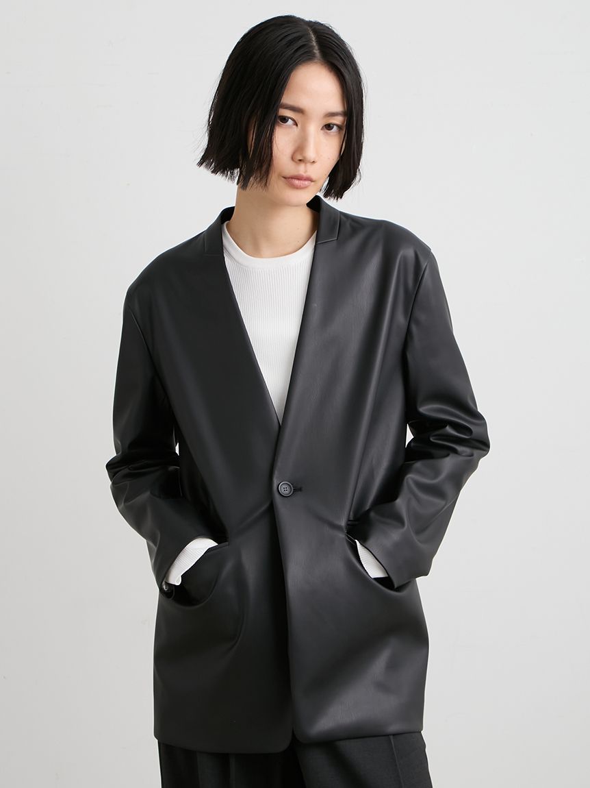 ウォッシャブルレザーノーカラージャケット(ノーカラージャケット