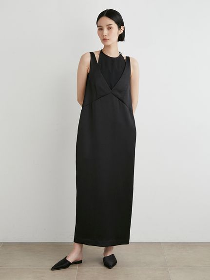 サテンノースリOP(マキシ・ロングワンピース)｜ワンピース