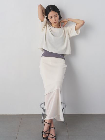 MIESROHE サテンへレアミディスカート アシンメトリー 白 0 MIESROHE（ミースロエ）の「サテンIライン切り替えスカート（スカート