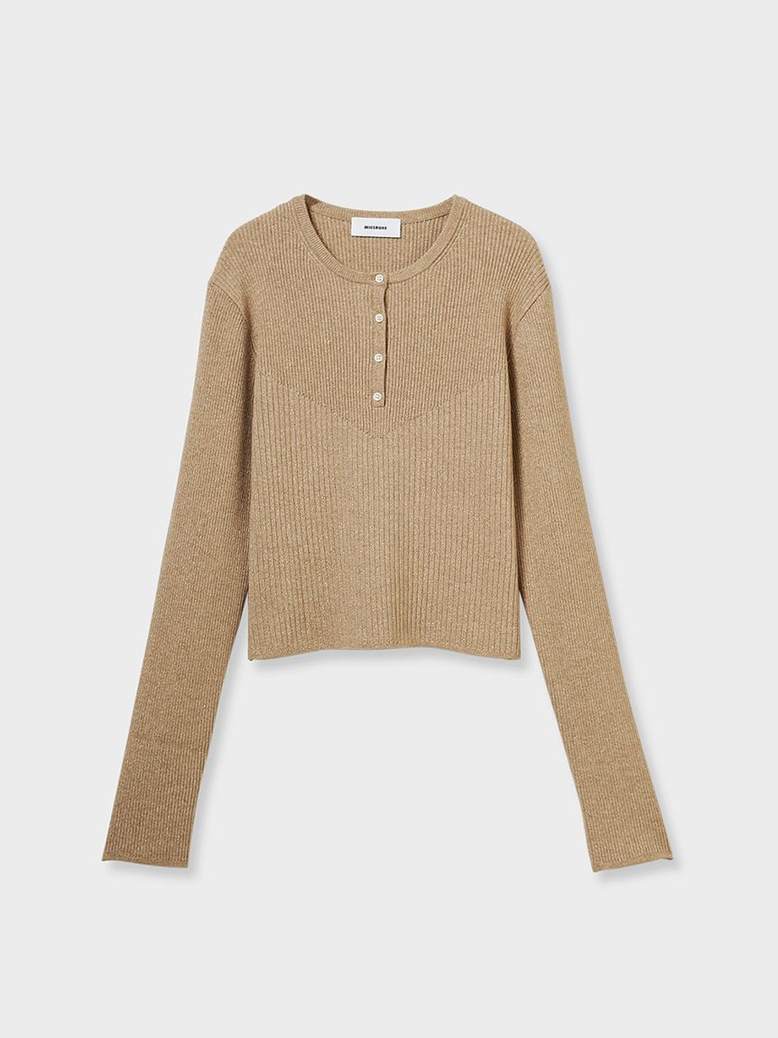 ウール混ヘンリーネックラメＲＩＢニット