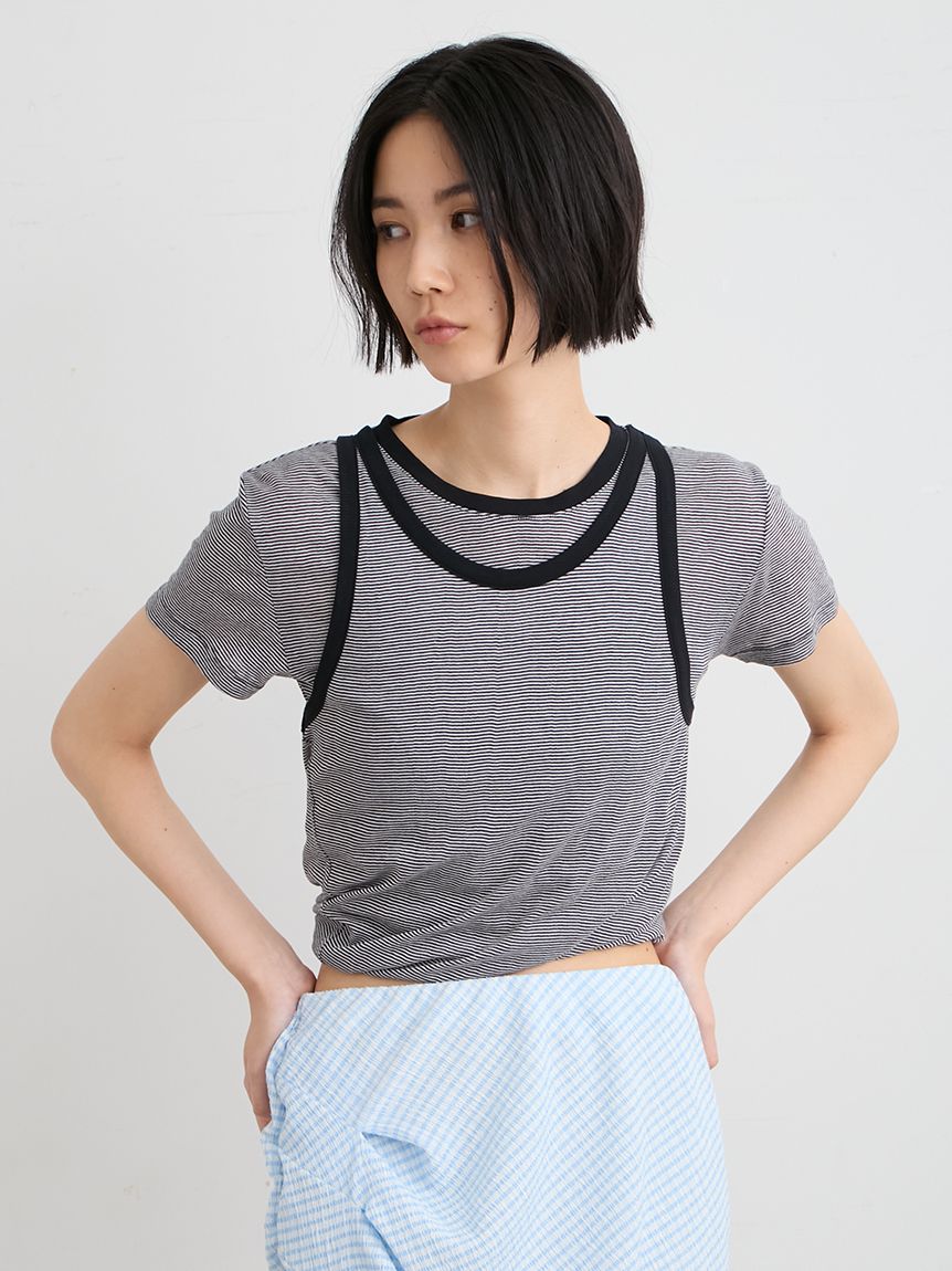 新品　ミースロエ　★ボーダー★　ツイストレイヤードT 洗える】ツイストレイヤードTシャツ(Tシャツ)｜トップス｜MIESROHE
