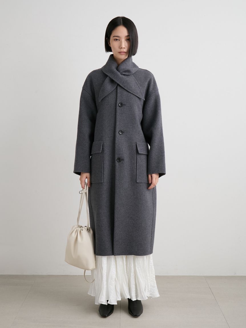 サステナスカーフデザイン接結ロングコート(ウールコート)｜アウター