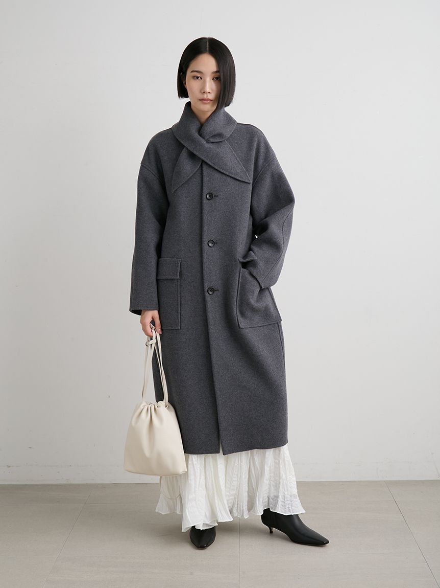 サステナスカーフデザイン接結ロングコート(ウールコート)｜アウター