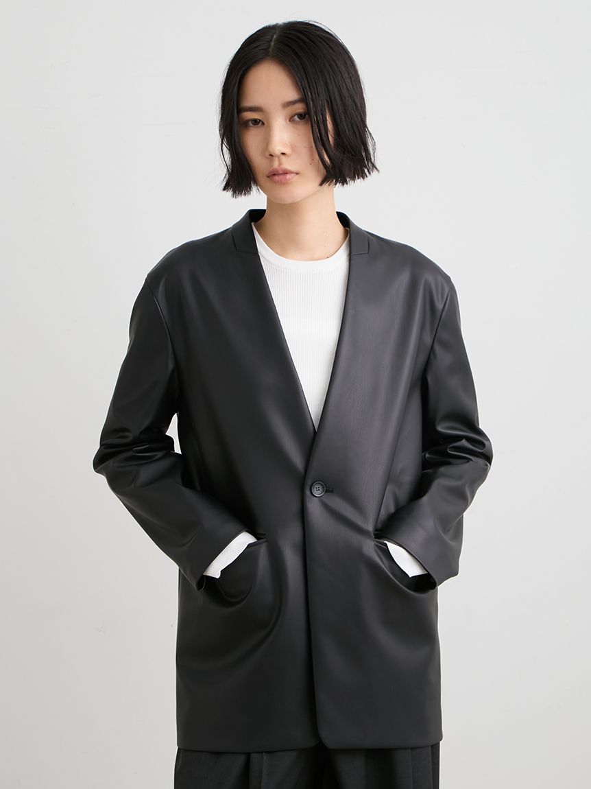 レザーノーカラージャケット(ノーカラージャケット)｜アウター