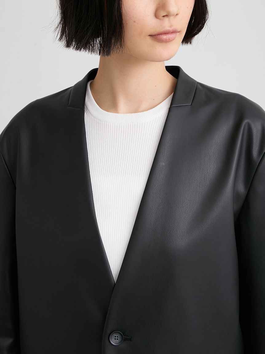 ウォッシャブルレザーノーカラージャケット(ノーカラージャケット