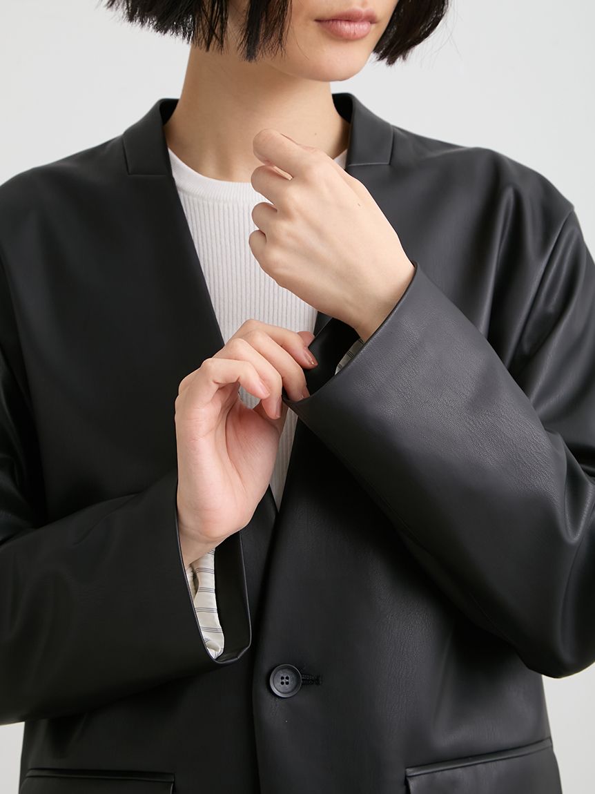 レザーノーカラージャケット(ノーカラージャケット)｜アウター