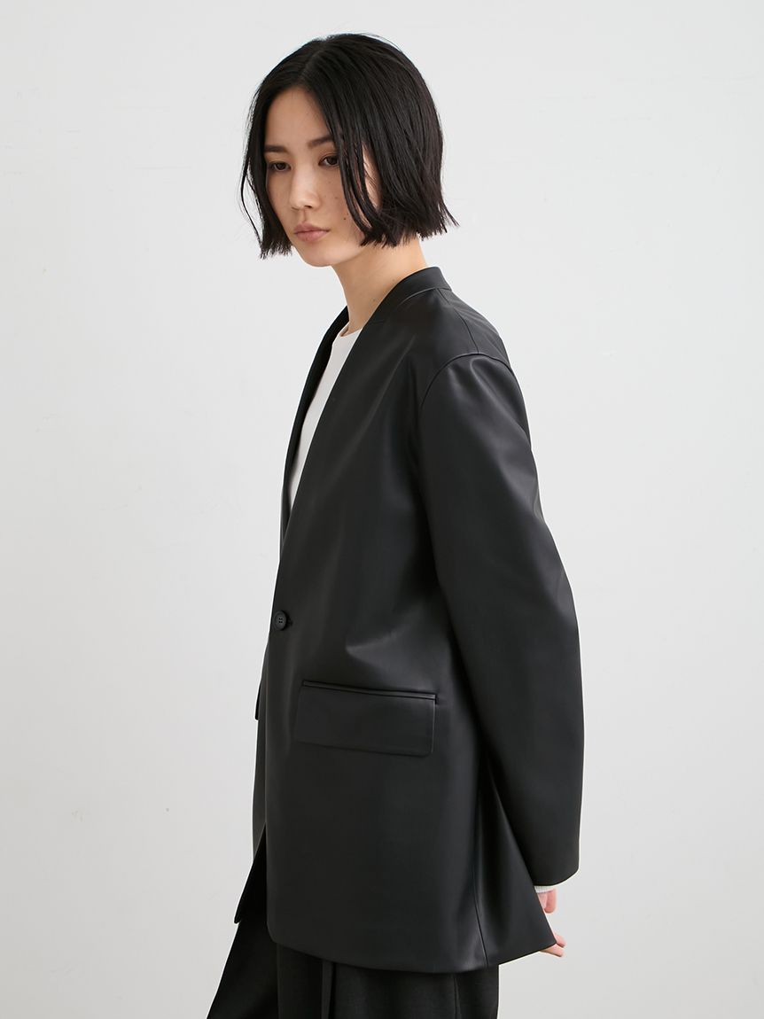 レザーノーカラージャケット(ノーカラージャケット)｜アウター