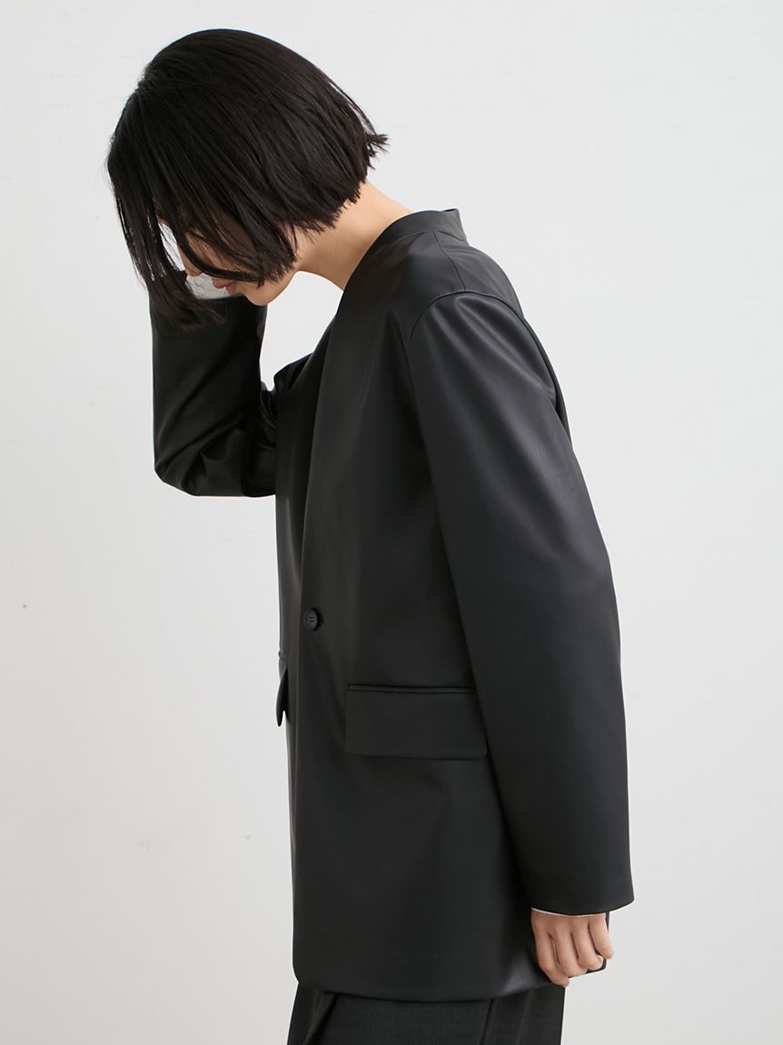 レザーノーカラージャケット(ノーカラージャケット)｜アウター