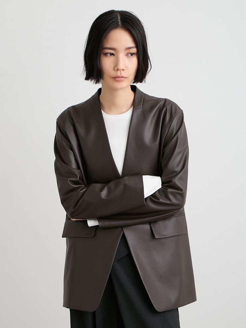レザーノーカラージャケット(ノーカラージャケット)｜アウター