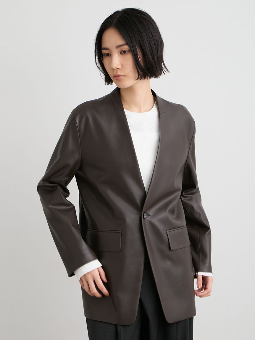 レザーノーカラージャケット(ノーカラージャケット)｜アウター