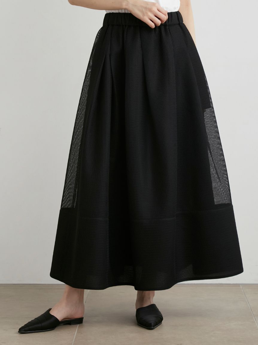 mei meiブラック スカート ウエストゴム MEYAME FLOWER WAIST PLEATED SKIRT – Shinzone