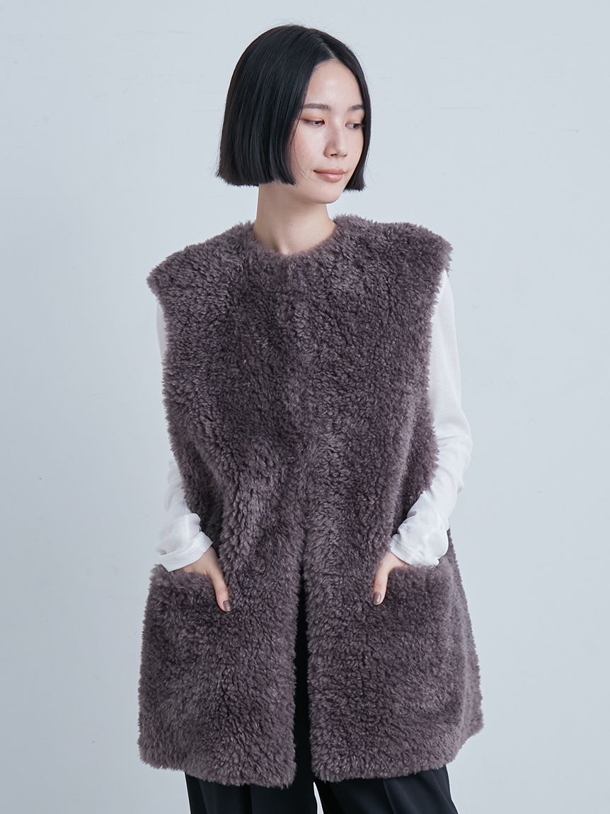 新品タグ付き DouDou リバーシブルノーカラーファーベスト 新品 doudou