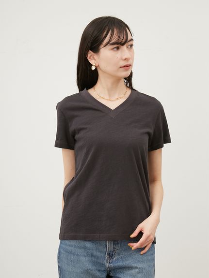 VネックコンパクトスラブTシャツ【手洗い可能】(Tシャツ)｜トップス 