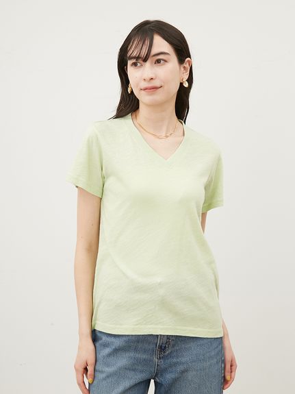 VネックコンパクトスラブTシャツ【手洗い可能】(Tシャツ)｜トップス 