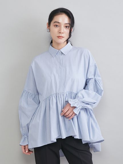 シャツ衿ギャザーチュニックブラウス