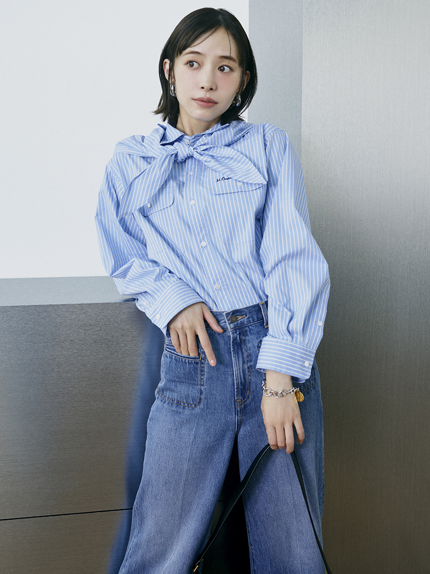 スカーフ付きストライプワークシャツ(シャツ)｜トップス｜Mila Owen