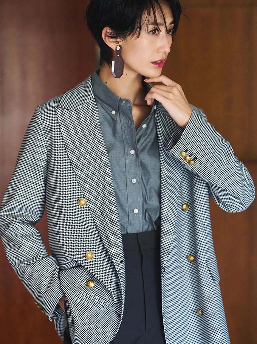 ミラオーウェン] 金釦2サイズチェックダブルブレザージャケット