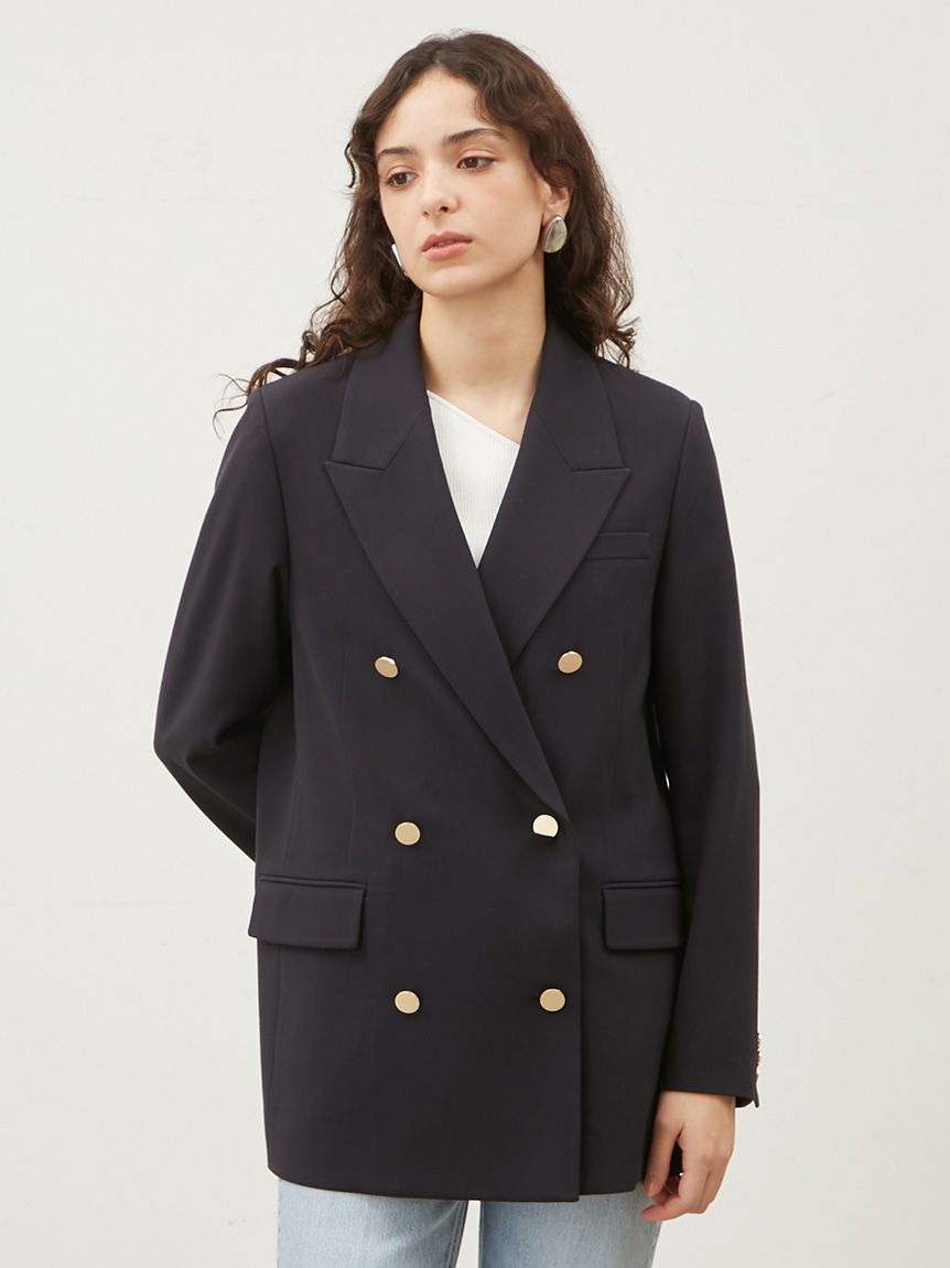 極美品ミラオーエンMila Owen金釦ダブルブレザー ジャケットM紺ブレ人気 金釦ダブルブレストロングブレザー(テーラードジャケット)｜アウター