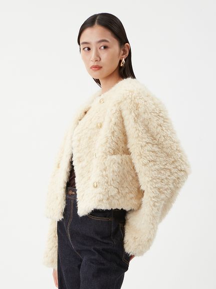 金釦フェイクファー短丈ジャケット