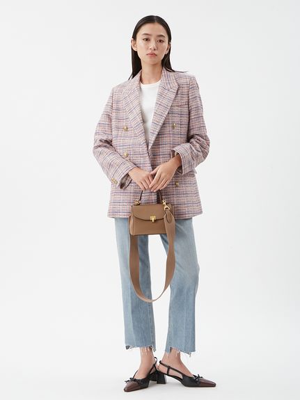 金釦ダブルブレストツイードロングブレザー