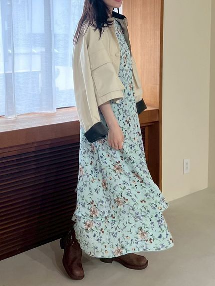 フラワープリントヘムレイヤードワンピース