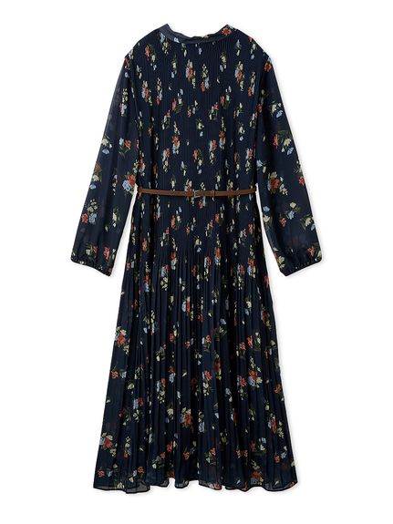 プリーツ花柄ベルト付きワンピース(マキシ・ロングワンピース
