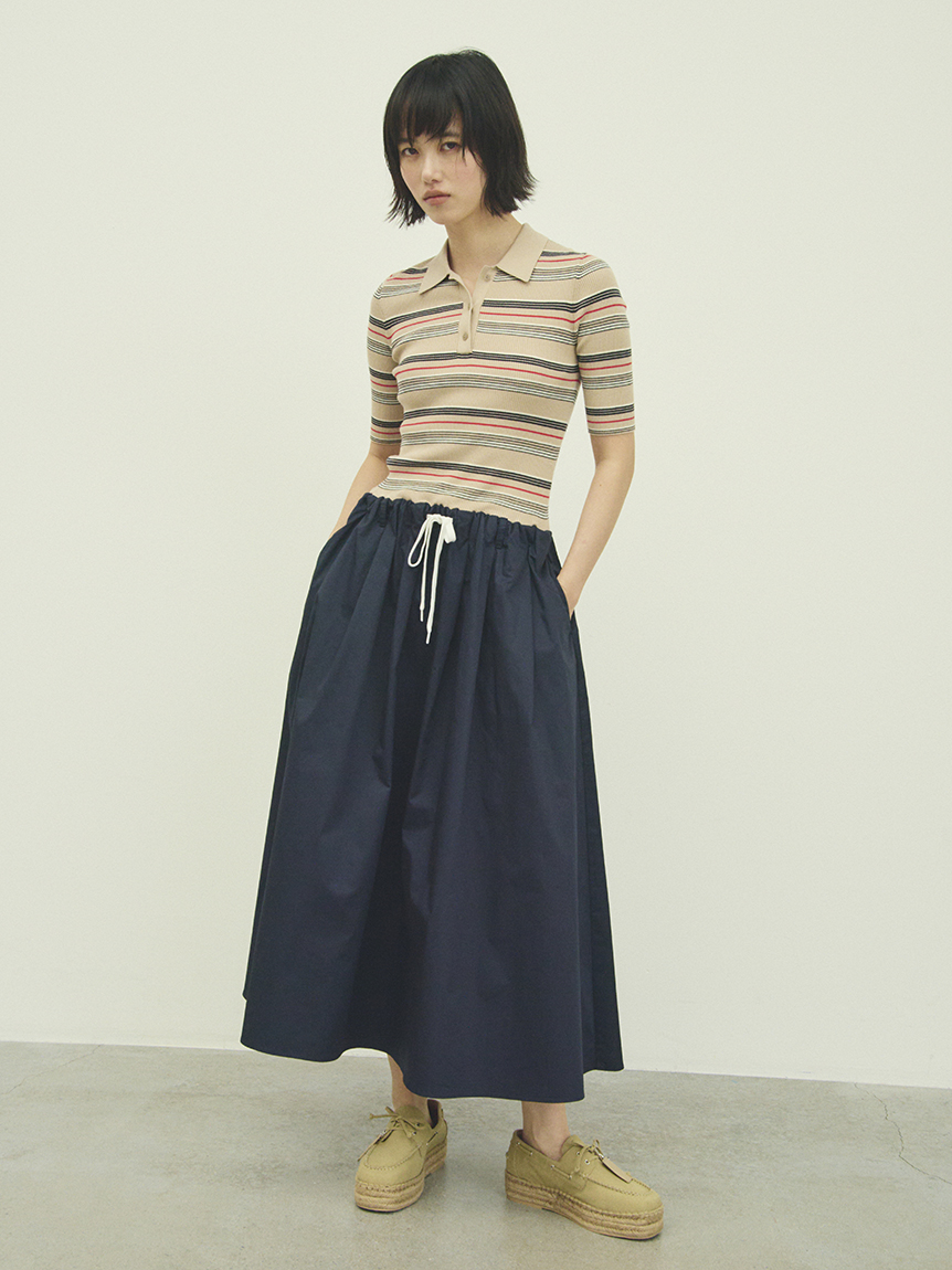 WEB限定カラー】ポロニット×タックフレアスカートドッキングワンピース