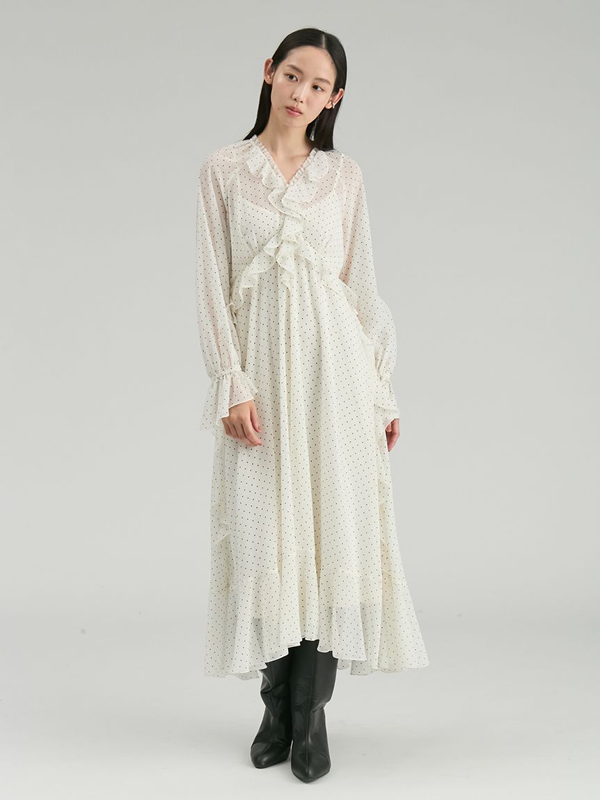 ウォッシャブル】シフォンフリルロングワンピース(ロングワンピース
