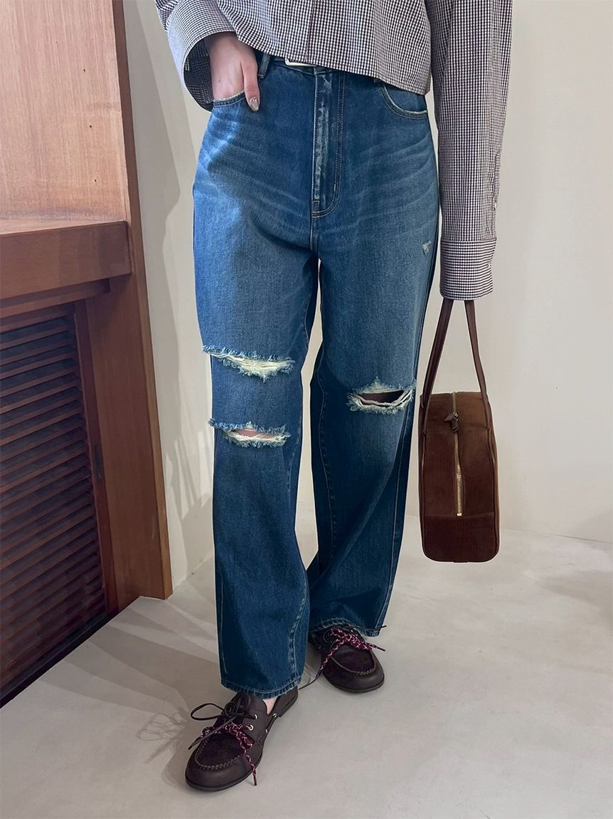 ダメージ加工ルーズストレートデニムパンツ(デニムパンツ)｜パンツ