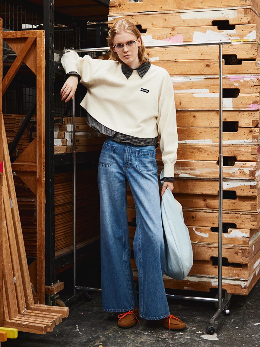 パッチポケットデザインバギーデニムパンツ(デニムパンツ