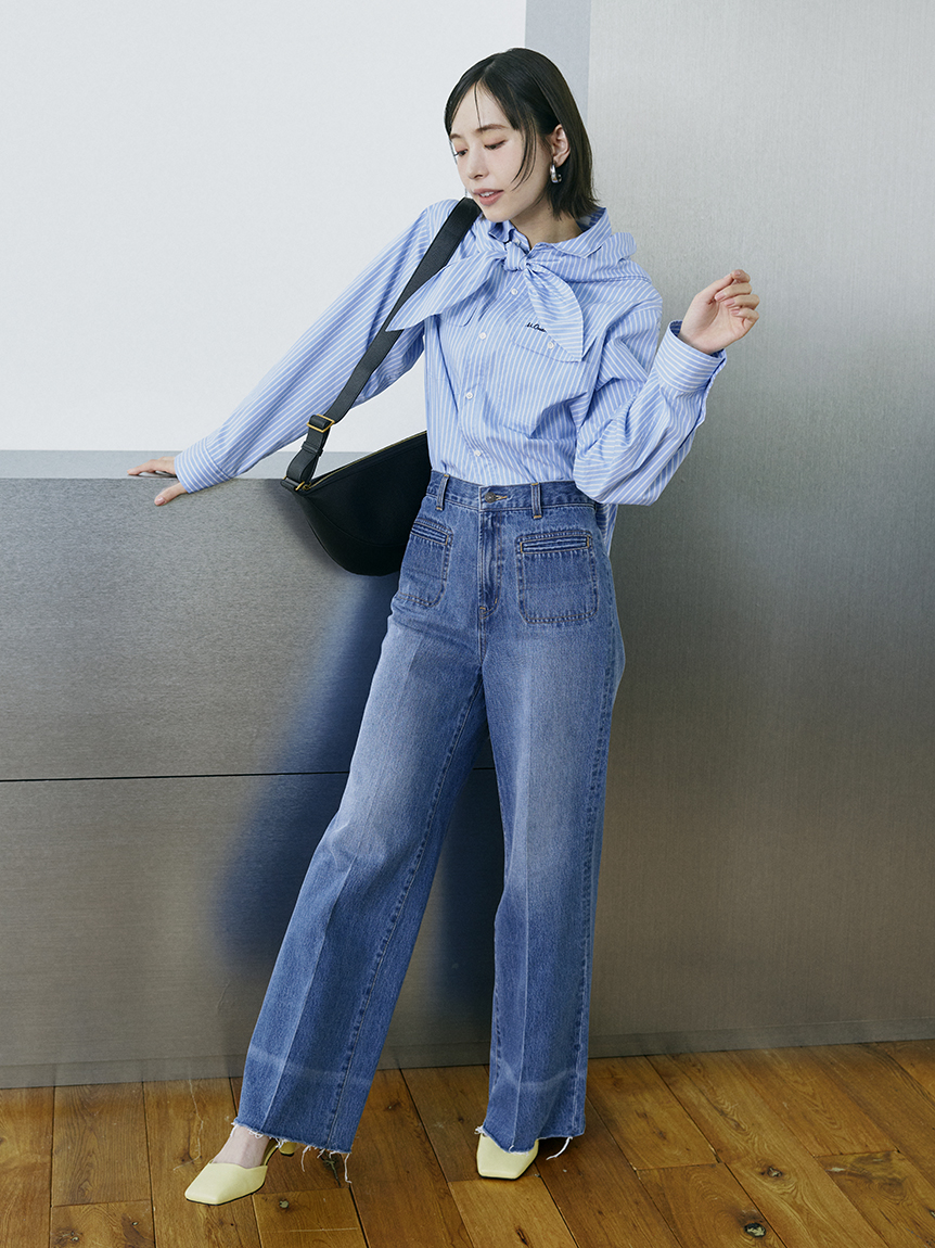 今季完売milaowen 玉縁ポケットセミフレアデニムパンツ MILA PANTS】玉縁ポケットセミフレアデニムパンツ(デニムパンツ