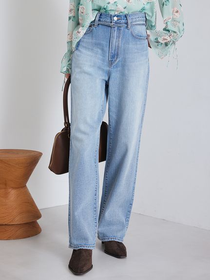 細ベルト付きストレートデニムパンツ