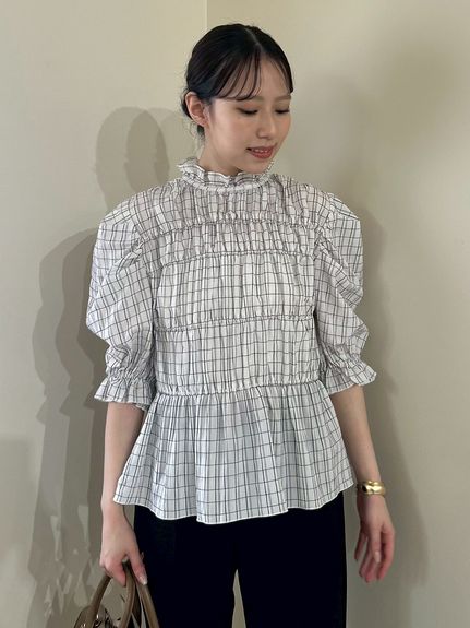 「Mila Owen」 半袖ブラウス 1 ネイビー レディース Mila Owen（ミラオーウェン）の「5分袖ラッフルボウタイブラウス