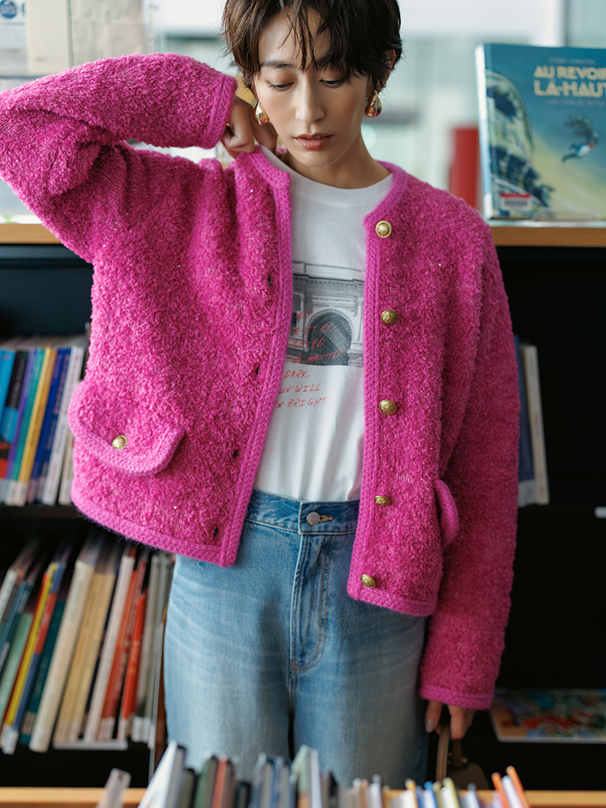 金釦テディラメニットジャケット　ミラオーウェン 金釦テディラメニットジャケット(ノーカラージャケット)｜アウター