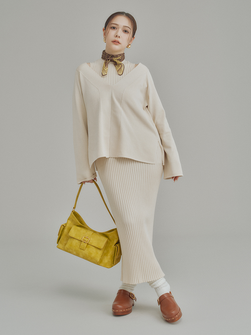 ◆ミュベールのオーストリッチ×ニットワンピース S-LL】カジュアルにもきれいめにもマッチする プリーツ切替