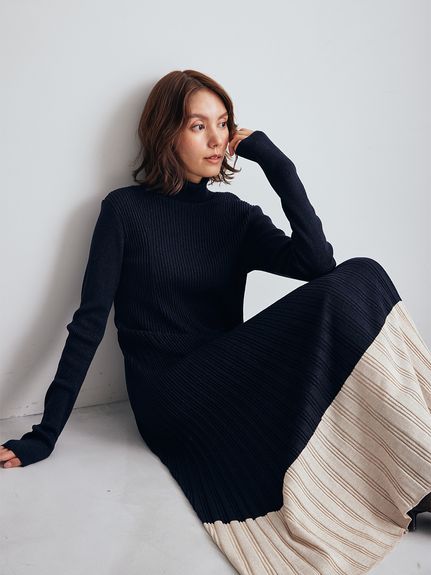タートルネックロングリブニットワンピース(マキシ・ロングワンピース