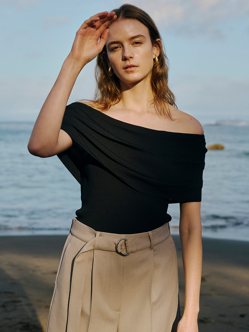 Mila owen オーガニックコットンオフショルニット WEB限定カラー】【UV加工】接触冷感オフショルリブニット(ニット