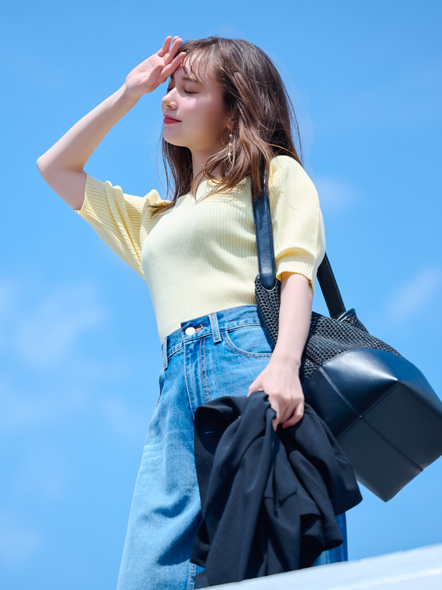 MASH STORE限定】【UV加工】パフスリーブオフショルニット