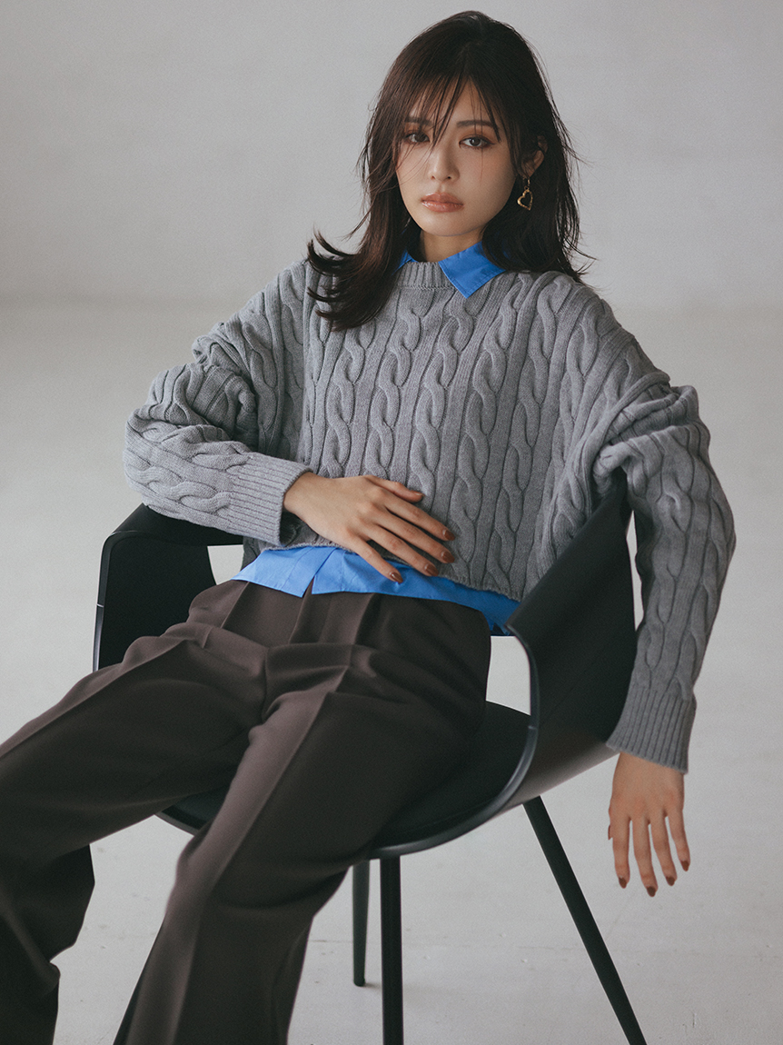 セットアイテム】シャツレイヤードケーブル短丈ニット(ニット