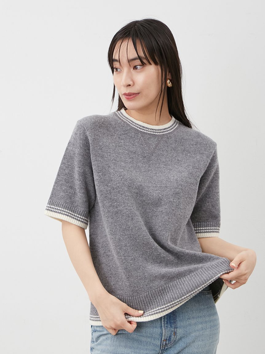 配色ラインミドルゲージハーフスリーブニット(ニット)｜トップス｜Mila