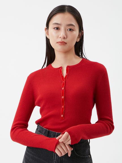 ベロアヘンリーネックリブニット