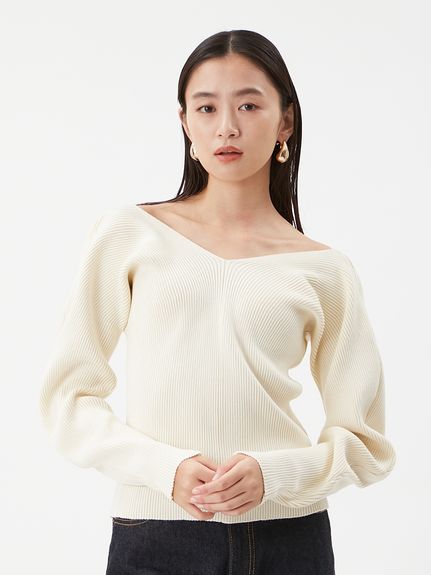 Vネックカーブスリーブリブニットトップス(ニット)｜トップス｜Mila